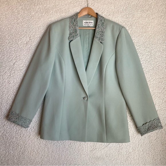 Albert Nipon Evening mint green blazer jacket with floral pearl embroidery - Picture 4 of 14